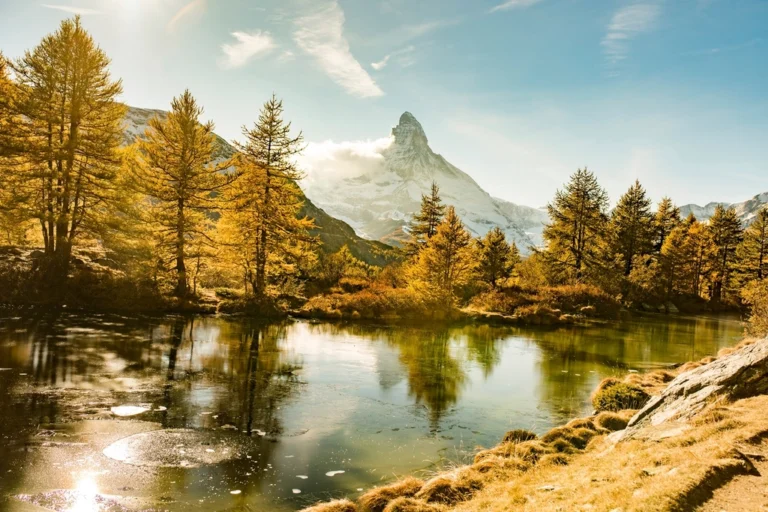 Mountain lake landscape with forest and snow-capped peaks
