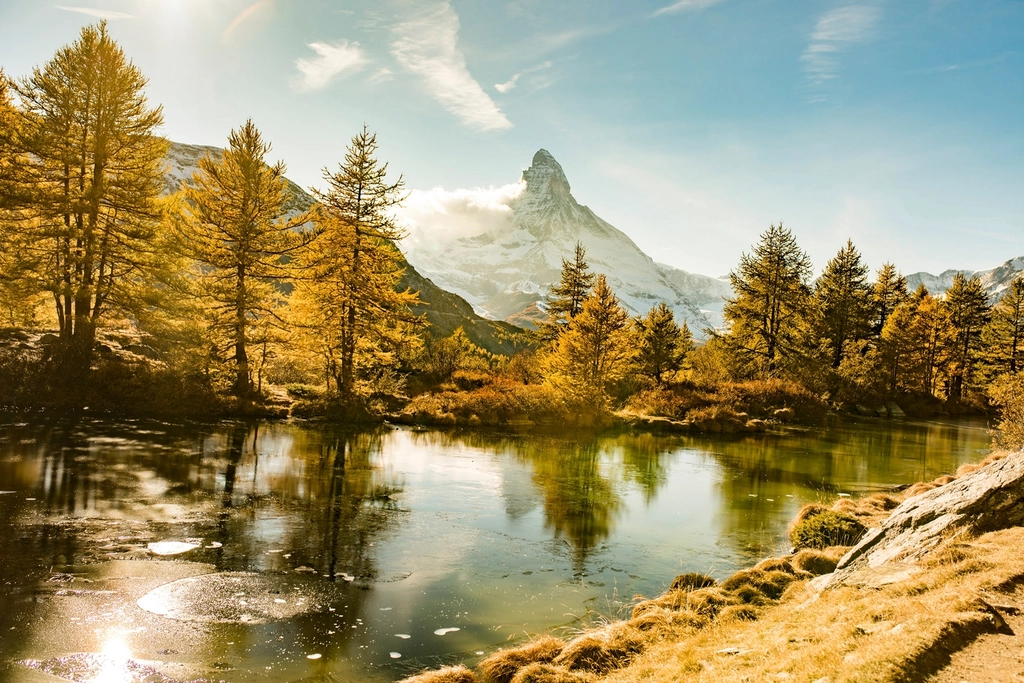 Mountain lake landscape with forest and snow-capped peaks